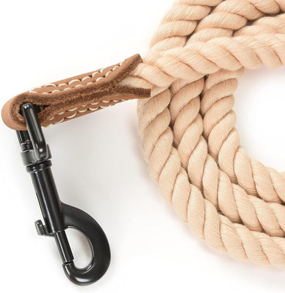 Dog Leash, Braided Cotton Rope Leashes with Leather Tip - Heavy Duty Metal Clasp, 6FT, 1/2" Thick - Wedding, Walking & Training Leash for Small Medium Large Dogs (Light Brown)