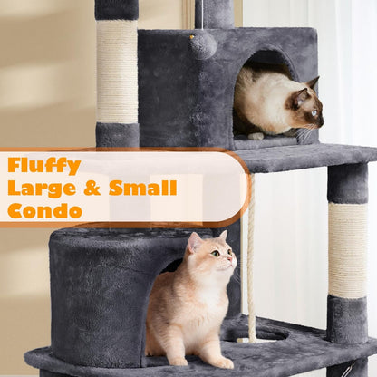 Yaheetech Cat Tree, 62.5In Multi-Level Cat Tower with 2 Cat-Ear Shaped Perches, 2 Cozy Condos, Scratching Posts & Hammock, Sturdy Indoor Activity Center for Multiple Cats, Dark Gray