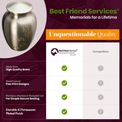 Ottillie Paws Legacy Series Pet Urn for Dogs, Handmade Brass Memorial Cremation Urn (Medium - Pets up to 65 Lbs, Pewter, Vertical Brass Paws)