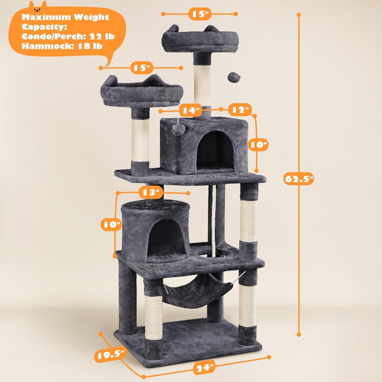 Yaheetech Cat Tree, 62.5In Multi-Level Cat Tower with 2 Cat-Ear Shaped Perches, 2 Cozy Condos, Scratching Posts & Hammock, Sturdy Indoor Activity Center for Multiple Cats, Dark Gray
