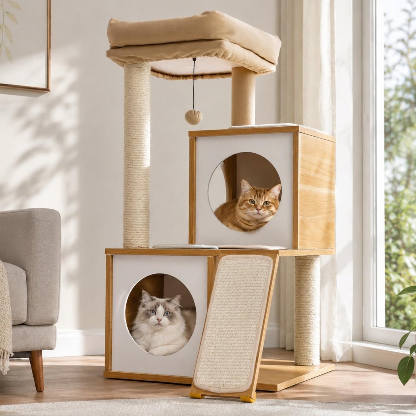 Cat Tree 35 Inches Wooden Cat Tower with Double Condos, Spacious Perch, Fully Wrapped Scratching Sisal Posts and Replaceable Dangling Balls-Walnut