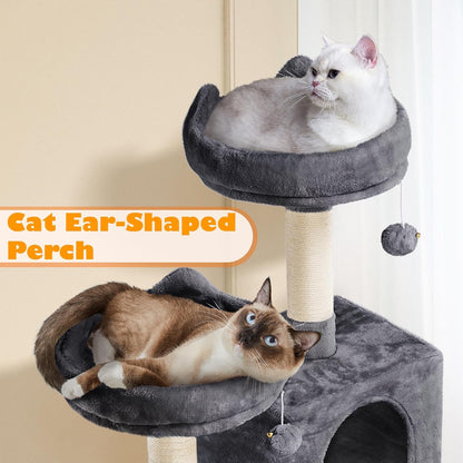 Yaheetech Cat Tree, 62.5In Multi-Level Cat Tower with 2 Cat-Ear Shaped Perches, 2 Cozy Condos, Scratching Posts & Hammock, Sturdy Indoor Activity Center for Multiple Cats, Dark Gray