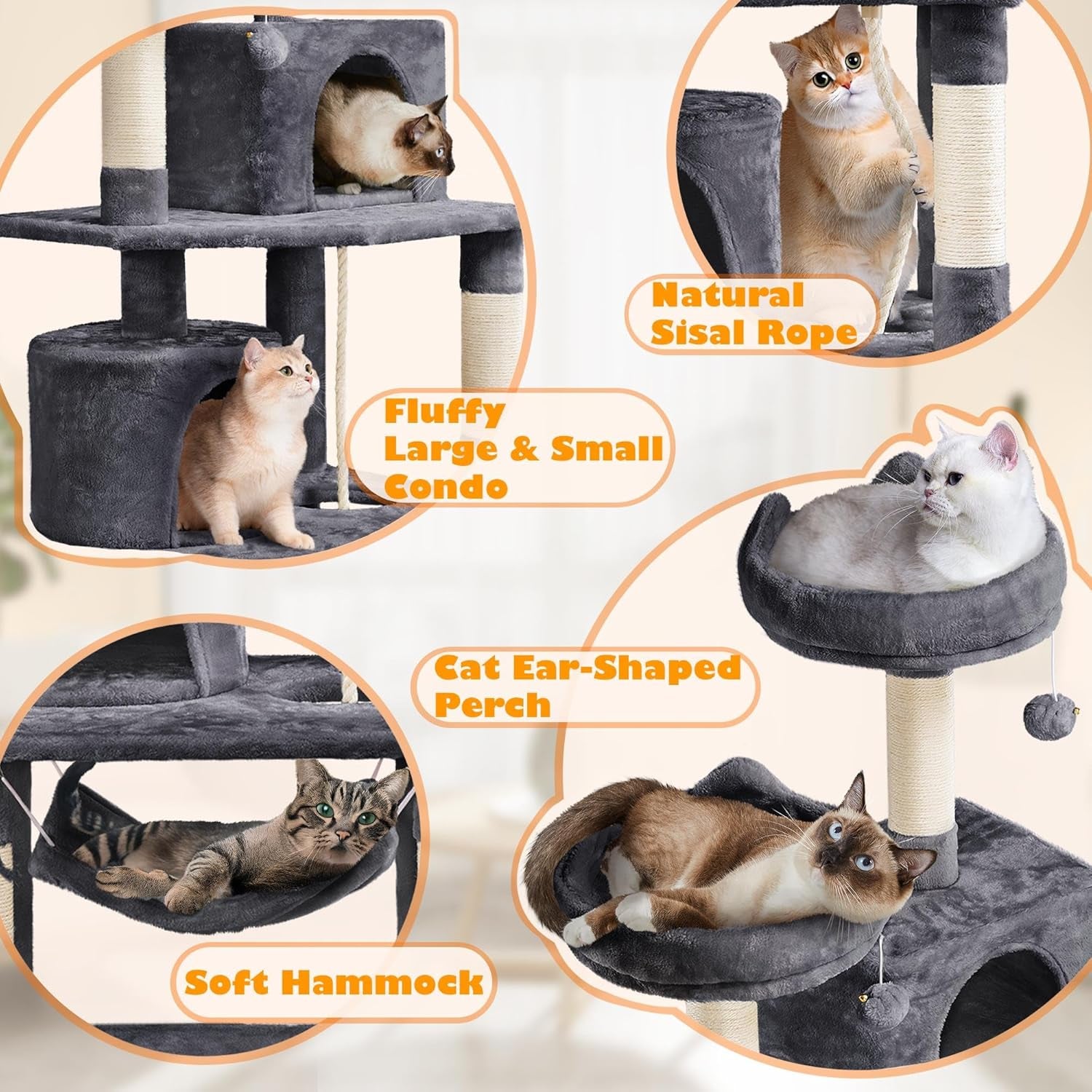 Yaheetech Cat Tree, 62.5In Multi-Level Cat Tower with 2 Cat-Ear Shaped Perches, 2 Cozy Condos, Scratching Posts & Hammock, Sturdy Indoor Activity Center for Multiple Cats, Dark Gray