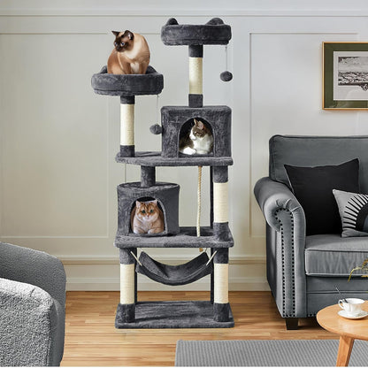 Yaheetech Cat Tree, 62.5In Multi-Level Cat Tower with 2 Cat-Ear Shaped Perches, 2 Cozy Condos, Scratching Posts & Hammock, Sturdy Indoor Activity Center for Multiple Cats, Dark Gray