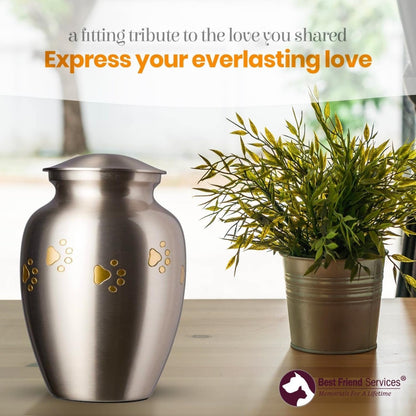 Ottillie Paws Legacy Series Pet Urn for Dogs, Handmade Brass Memorial Cremation Urn (Medium - Pets up to 65 Lbs, Pewter, Vertical Brass Paws)