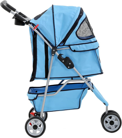 3-Wheel Pet Stroller, Lightweight Foldable Dog Stroller for Small Medium Dogs & Cats, Breathable Mesh & Weather Cover with Storage Basket, for Daily Walk Outdoor Travel (Blue)