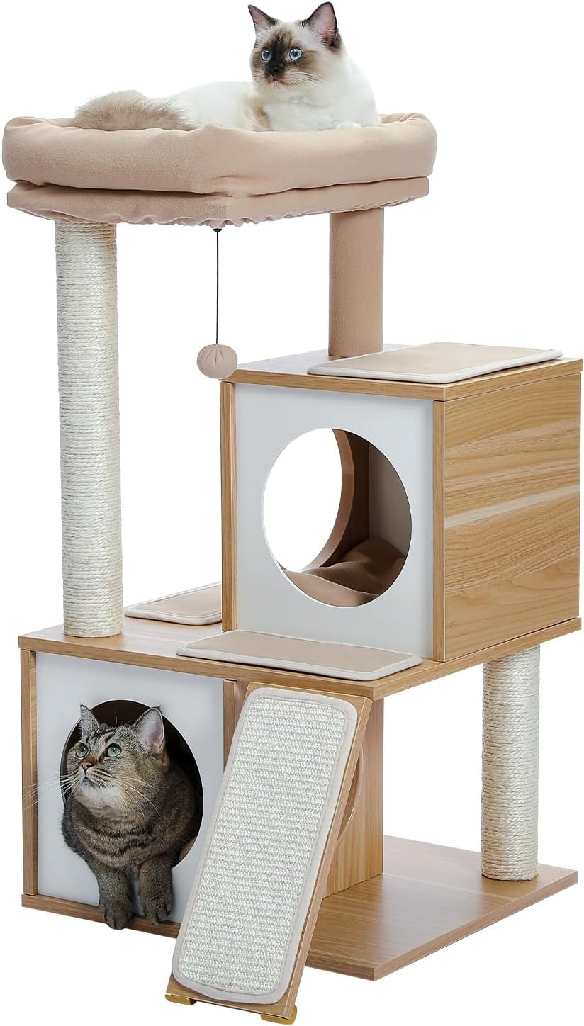Cat Tree 35 Inches Wooden Cat Tower with Double Condos, Spacious Perch, Fully Wrapped Scratching Sisal Posts and Replaceable Dangling Balls-Walnut